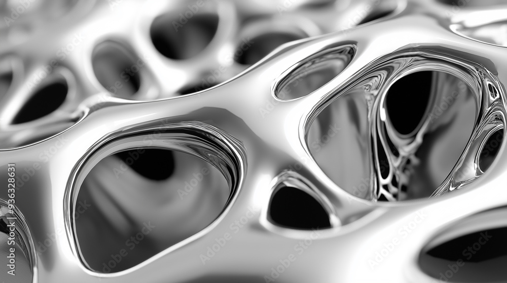 Poster shiny metallic surface forming an organic structure with holes