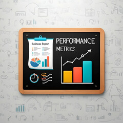 3d Flat icon as Blackboard with Performance Metrics and Report concept as A blackboard filled with performance metrics and a business report set against a whimsical background offering ample space for