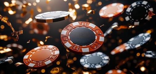 Casino Chips in Motion A CloseUp Perspective of Falling Poker Chips with Golden Lights and a Blurred Background