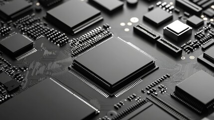 Closeup of a Black Motherboard with a Large Processor Chip A Perspective on Technological Advancement and Complexity