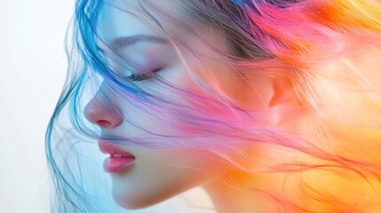 Beautiful transparent woman's face with hair made of colorful pastels