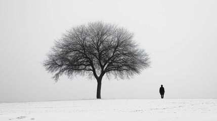 Lonely man walking in a snowy field with a bare tree in winter