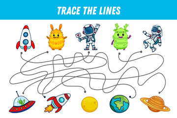 Find the way. Cute monsters and planets. Cartoon astronaut and rocket. Space elements. Educational game for preschool kids. Activity page. Vector