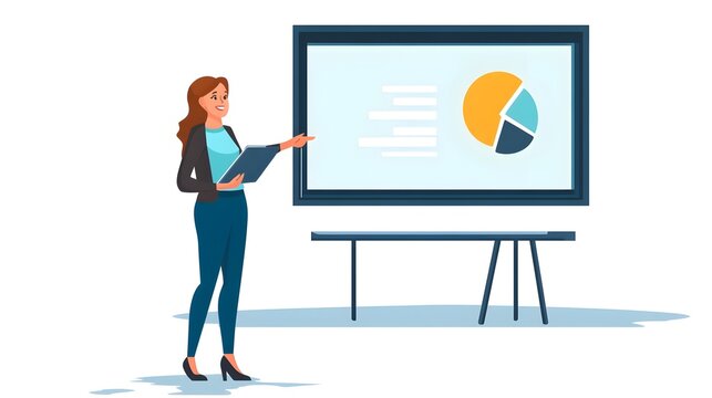 Confident businesswoman giving an informative presentation using a projector and screen creating an engaging environment for professional training or educational purposes