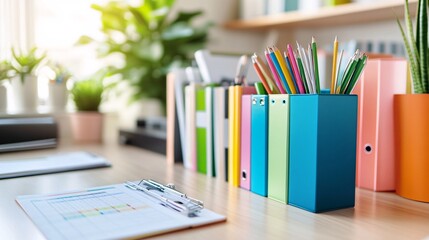 An organized desk with color-coded files and a calender, showcasing a clean and structured environment against a soft backdrop