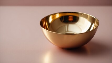 A metallic gold bowl sits on a pale pink surface, reflecting light The simple composition creates a minimalist and elegant feel.