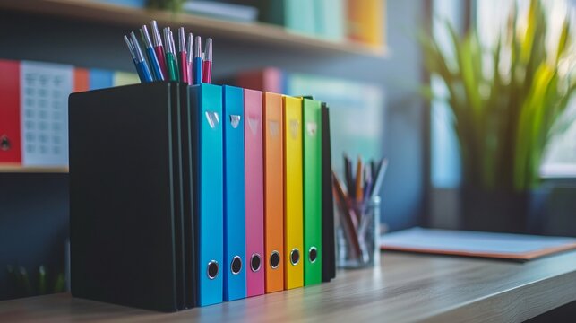 An organized desk with color-coded files and a calender, showcasing a clean and structured environment against a soft backdrop