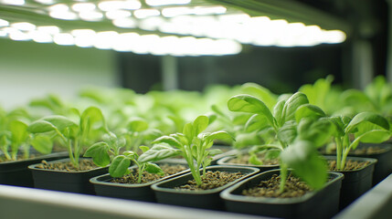 Trays of seedlings growing under artificial light