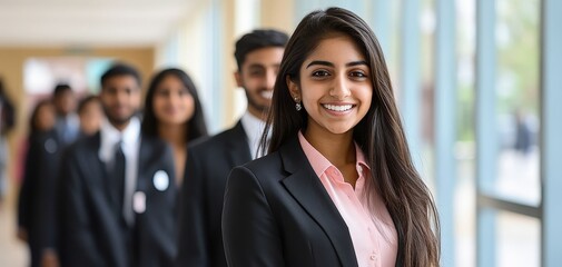 Obraz premium Confident Young Woman in Black Suit with Blurred Background Portrait of a smiling woman in a professional setting