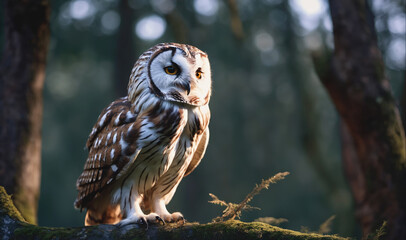 A barred owl perches on a branch in a forest