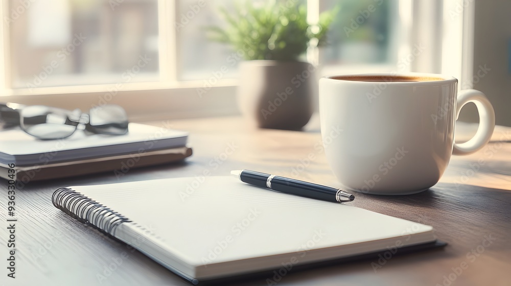 Poster blurred office desk with laptop coffee mug notebook and pen minimalist workplace setup with copy spa