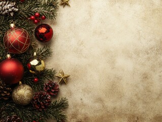 Festive Christmas Border Red and Gold Ornaments with Pine Branches on a Rustic Beige Background