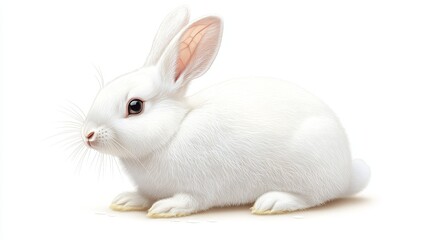 Fluffy White Rabbit with Pink Ears Side View Detailed Fur and Whiskers Concept of Innocence and Purity Isolated on White Background