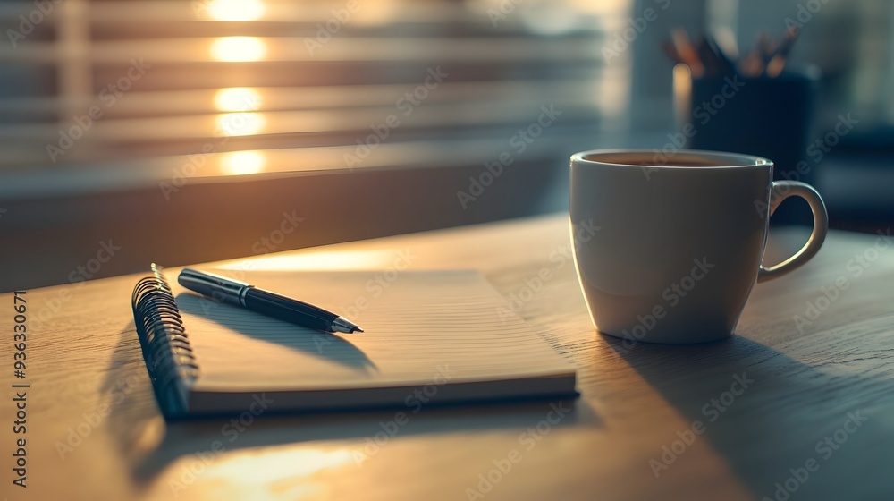 Poster blurred office desk with cup of coffee notebook and pen providing ample copy space for text or desig