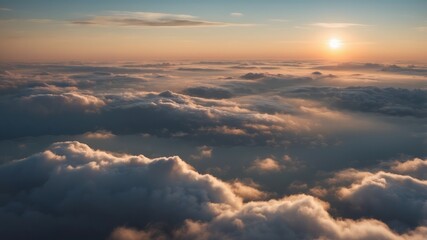 Clouds landscape, morning view from plane, fluffy clouds sky.