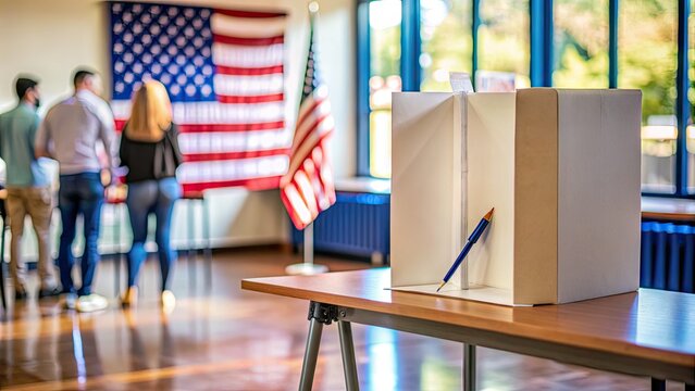 A private voting booth with a ballot and pen, set against a blurred background, emphasizing the secrecy and importance of democratic participation.