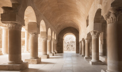 Obraz premium A view down a long, vaulted corridor of an ancient structure