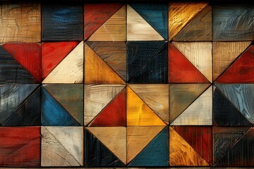 Fototapeta premium A close-up view of a colorful wooden wall made of various triangular pieces