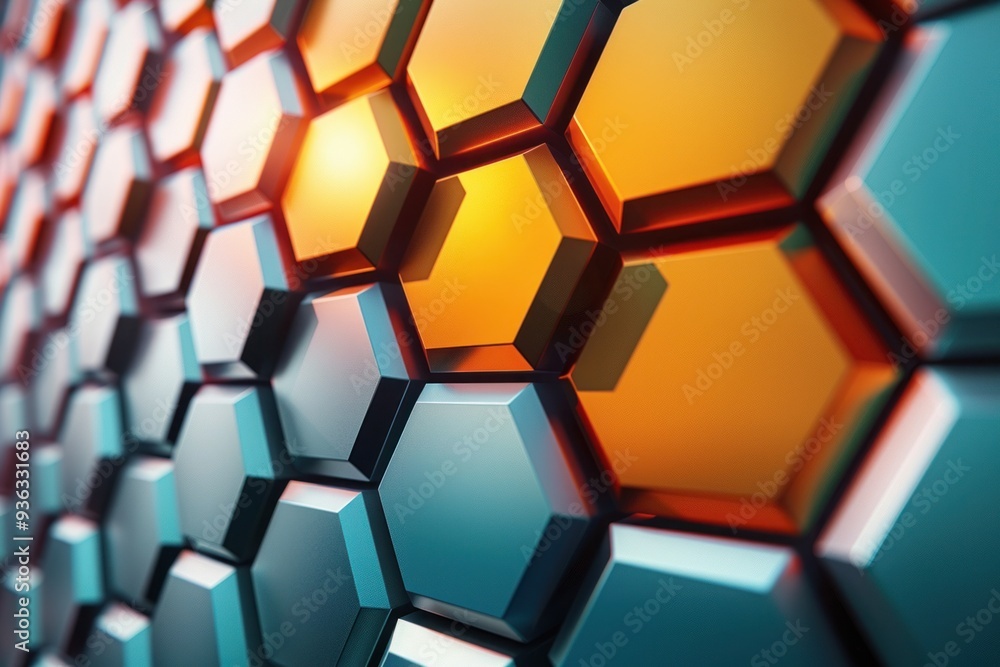 Poster a close-up view of a repeating hexagon pattern in blue and orange tones