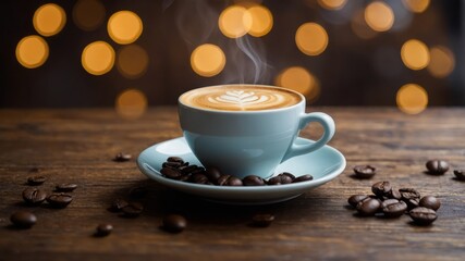 Closeup image of a cup of coffee on a rustic wooden table with beautiful latte art and coffee beans in the background International Coffee Day concept.