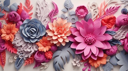 A vibrant and intricate bohemian paper flower arrangement featuring various flowers in shades of pink, coral, blue, and purple. The design includes detailed petals and leaves.