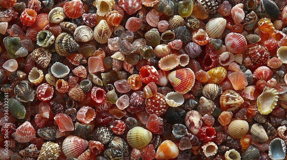 Poster a heap of seashells atop another pile on a table