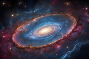 Cosmic background,dust and stars illuminating a black hole in deep space selective focus mystical allure dynamic double exposure galaxy.