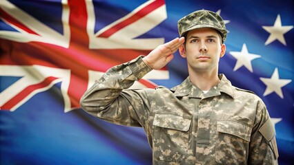 Fototapeta premium A proud military service member in full uniform stands at attention, rendering a sharp salute with precision and respect, against a blurred national flag background.