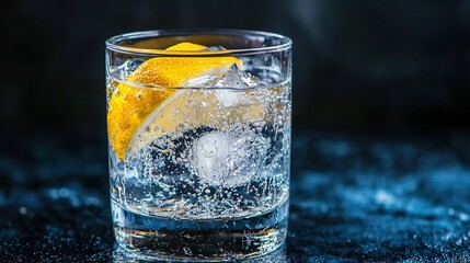   Close-up of glass with lemon and ice on rim