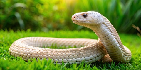 Naklejka premium A rare leucistic Monocled Cobra snake, characterized by its pale white body, spreads its hood on a vibrant green grassy surface, exhibiting a threatened posture.
