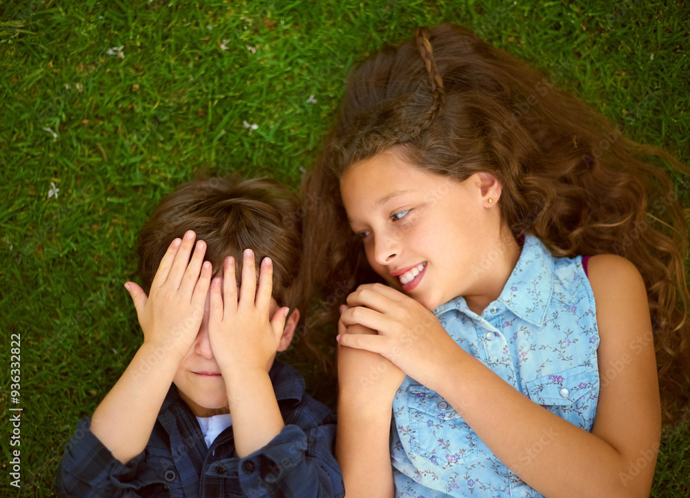 Canvas Prints Children, play and hiding game on lawn for bonding, family support and peekaboo fun of surprise together. Above, kids and covering eyes for seek activity, relationship trust and love outdoor on grass