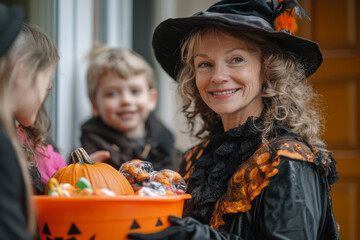 Fototapeta premium Costumed woman giving halloween candy to children