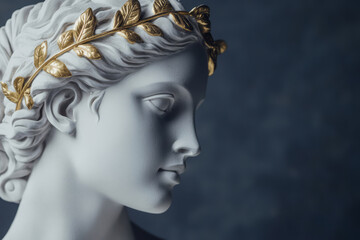 Fototapeta premium Antique statue of an attractive woman is wearing golden laurel wreath crown