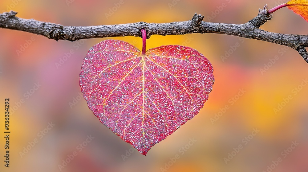 Poster a heart-shaped leaf dangles from a tree branch against a fuzzy backdrop of foliage