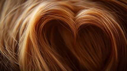 Naklejka premium Golden Brown Hair in Heart Shape Close-Up - A close-up of silky golden brown hair styled into a heart shape, highlighting its texture, shine, and rich color.