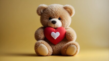 Fluffy bear with red heart on yellow background.