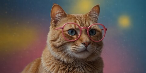 Obraz premium Cool cat in pink glasses on a blue and yellow background.