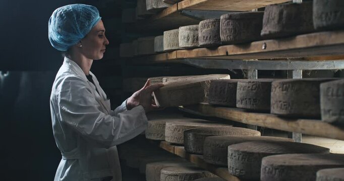 Super slow motion of female artisan cheesemaker controls quality of parmesan cheese during ripening process on shelves of a storehouse at production creamery dairy factory at 1000 fps.