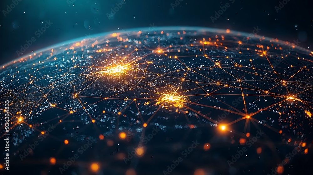 Poster global network connections, abstract earth with illuminated nodes and lines, symbolizing the intrica