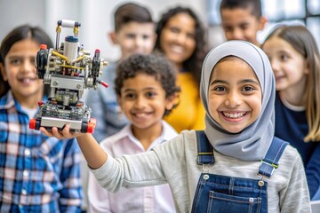 Young Girl Proudly Displays Her Robot Creation in STEM Class. Robotics, coding, and engineering are fun and engaging for these bright young minds.