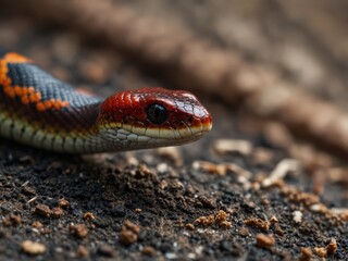 Obraz premium A red-headed snake with black and yellow scales slithers forward.