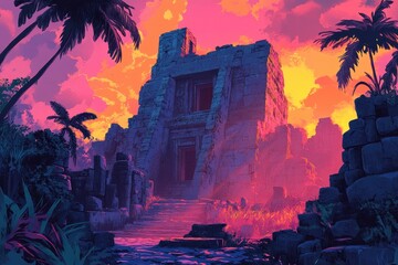 Ancient Stone Structure in a Tropical Jungle Setting at Sunset