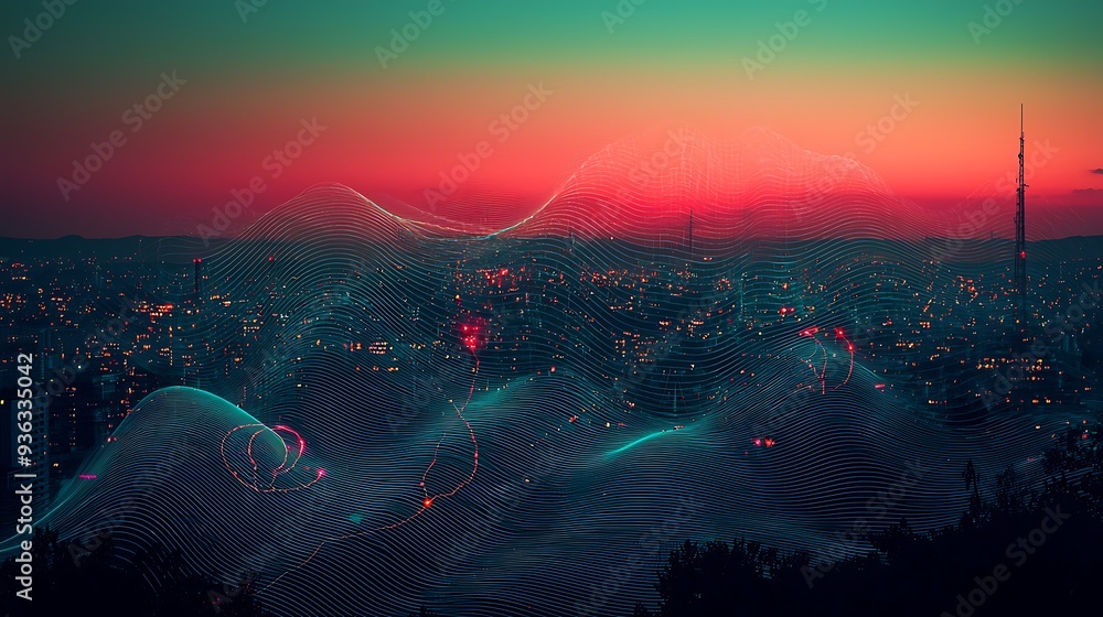 Poster abstract cityscape with wavy lines and neon lights, creating a futuristic and visually dynamic repre