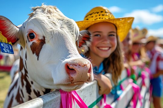 A young girl in a cowboy hat smiles next to a cow at an agricultural fair.