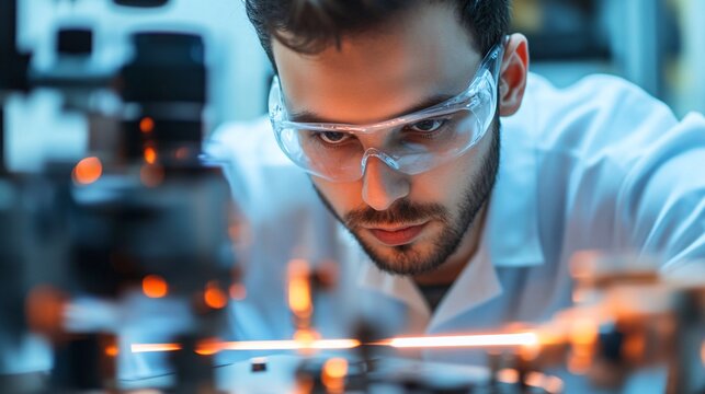 Close-up of a photonics engineer adjusting a laser beam in a clean, modern workspace