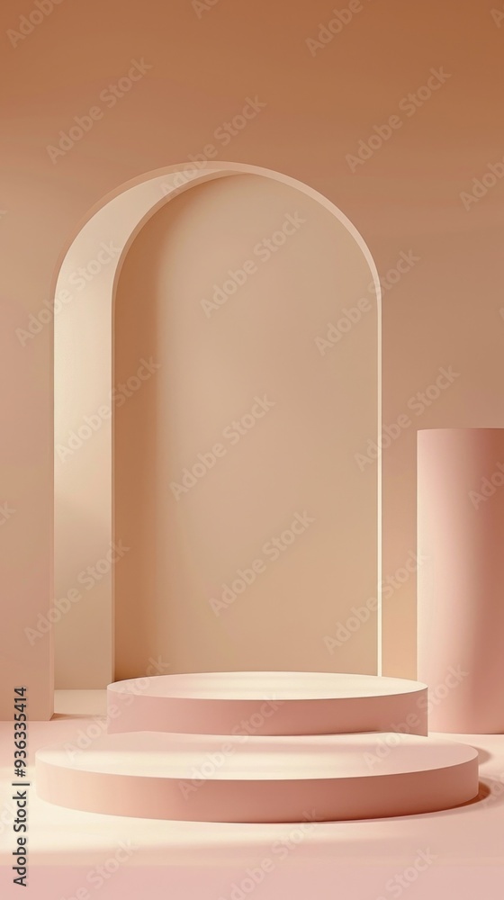 Poster A serene presentation area boasts soft pastel colors with a unique arch and circular platforms designed for highlighting products artistically, creating a calming atmosphere