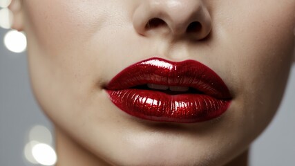 Obraz premium Glittering red lips close-up, celebratory makeup concept.