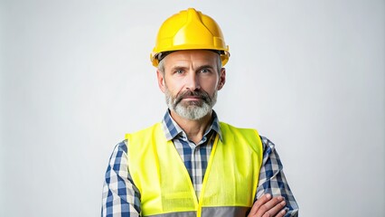 A rugged construction worker in a yellow hard hat and reflective vest stands proudly against a clean white background, exuding confidence and professionalism.