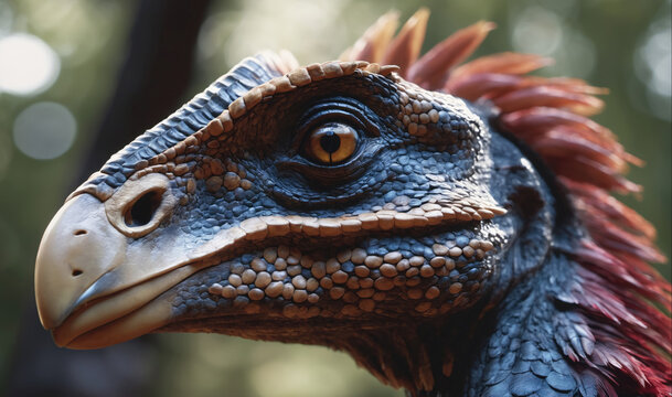 A close-up of a blue and brown dinosaur with a red crest, looking to the left