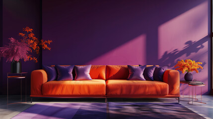 Dark purple and orange modern minimalistic interior background wall mockup 3d render	
